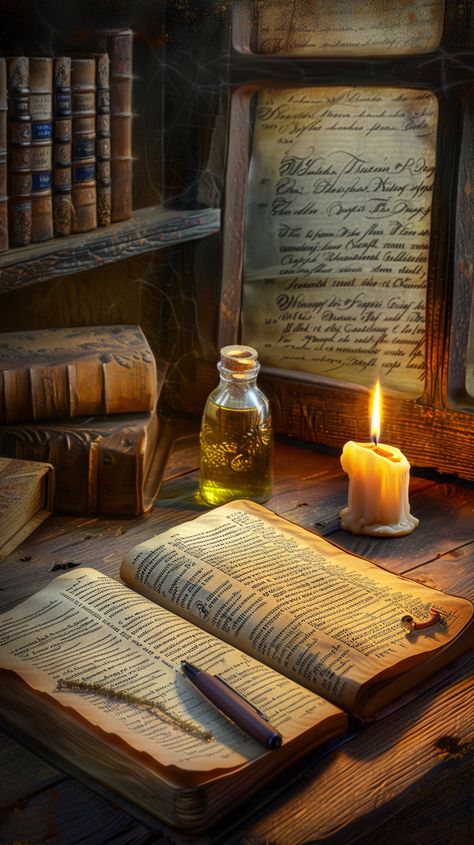 #Bible #StudyTable #Parchments #Candle #OliveOil #Ultrarealistic #8k Open Bible, Vision Quest, Old Candles, Bible Images, Writing Pens, World Of Books, Study Table, Book Images, Ex Libris