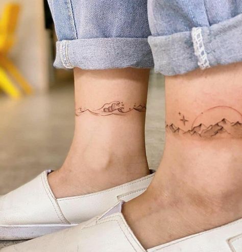 Wave Anklet Tattoos For Women, Wave Tattoo Ankle Bracelet, Ocean Style Tattoo, Wave Anklet Tattoo, Mountain Ankle Tattoo Wrap Around, Wave Ankle Tattoos For Women, Wrapped Ankle Tattoos, Wave Bracelet Tattoo, Unique Ankle Tattoos For Women