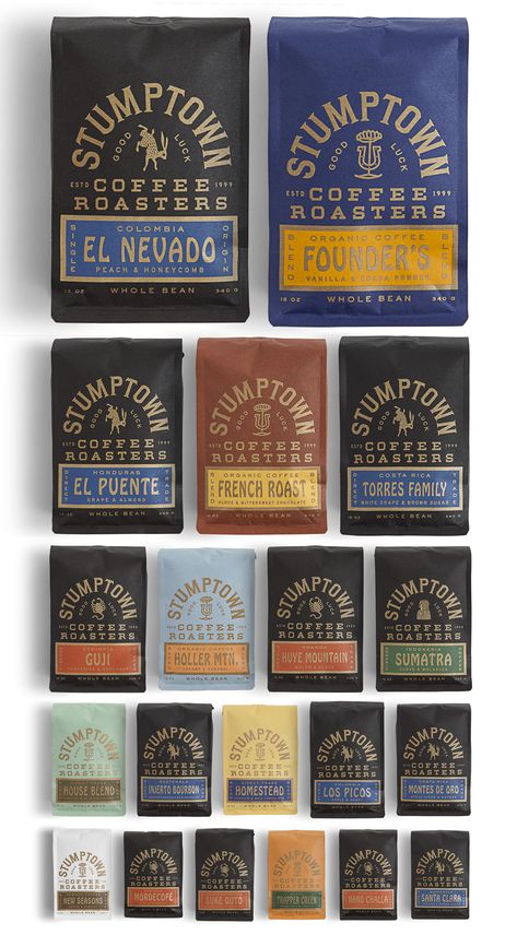 New Packaging for Stumptown Coffee Roasters by LAND Cool Coffee Packaging, Black Coffee Packaging, Coffee Bag Design Ideas, Coffee Label Packaging, Coffee Packaging Design Branding, Coffee Packaging Ideas, Coffee Labels, Coffee Packaging Design, Chocolate Package