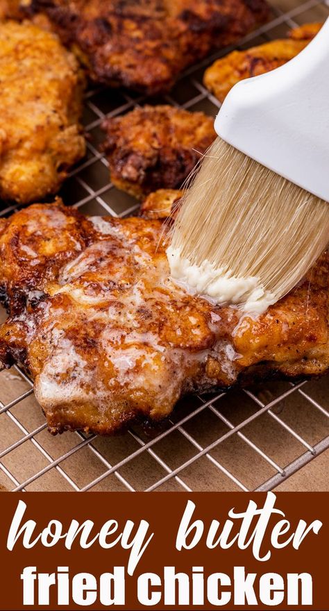 Honey Dipped Fried Chicken, Honey Butter Chicken Sandwich, Honey Buttered Fried Chicken, Butter Fried Chicken Recipe, Brown Butter Chicken Recipe, Honey Butter Fried Chicken Recipe, Sweet Fried Chicken, Honey Butter Chicken Recipe, Fried Honey Chicken