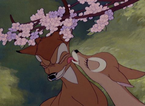 Bambi and Faline from "Bambi". Setting: Eastern American forest, early 20th century. Based on "Bambi: Life in the Woods" by Felix Salten. Austrian. Bambi 1942, Disney Amor, Animiertes Gif, Bambi Disney, Images Disney, Film Disney, Disney Animals, Old Disney, Disney Aesthetic