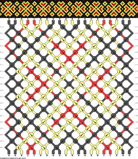 Friendship bracelet pattern 8839 - 20 strings, 3 colours Jewelry Looms, Diy Friendship Bracelet, Braided Bracelet Diy, Yarn Bracelets, Diy Braids, Bracelet Knots, Friendship Bracelets Diy, Crochet Tapestry, Cross Patterns