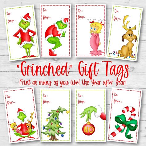 "Tie on these adorable Grinch tags to any gift to make it even more fun and whimsical.  UNLIMITED DOWNLOADS, AND PRINTING 8 styles are included. A tag for every gift! Your holiday gifts will look adorable! Perfect for kids' Christmas gifts, adult Christmas gifts, business Christmas gifts, and friends' Christmas gifts. *These are printable PDF files: If you would like the editable set, you can find them here: https://www.etsy.com/listing/1356006334 ♥Highest Quality.  ♥Perfect Print and Easy Cut F Grinch Tags Printable Free, Grinch Gift Tags Free Printable, Grinch Tags, Grinch To Do List, Grinch Gifts, Grinch Gift Tags, Grinch Labels, Free Printable Grinch Christmas Gift Tags, Disney Christmas Gift Tags Printable