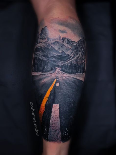 Road Tattoo Sleeve, Winding Road Tattoo, Mountain Road Tattoo, Road Tattoo Design, Highway Tattoo, Hills Tattoo, Road Tattoo, Wilderness Tattoo, Brothers Tattoo