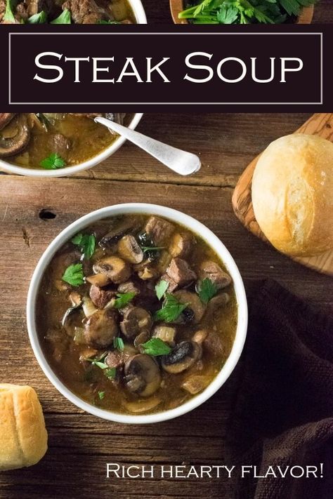 Steak Soup recipe #steak #soup #beef #beer #mushrooms Steak Soup Recipes, Recipe For Steak, Beef Stews, Steak Soup, Soup Beef, Seared Salmon Recipes, Skirt Steak Recipes, Recipes Steak, Chimichurri Recipe