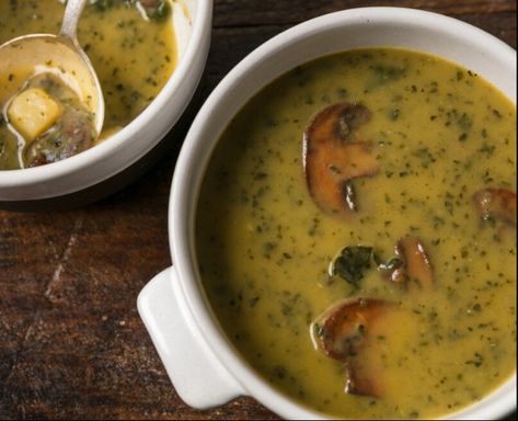 Caldo Verde With Mushrooms - Ellie Krieger Ellie Krieger Recipes, Portuguese Soup, Ellie Krieger, White Button Mushrooms, Pureed Soup, Diced Potatoes, Food Articles, Russet Potatoes, Smoked Sausage