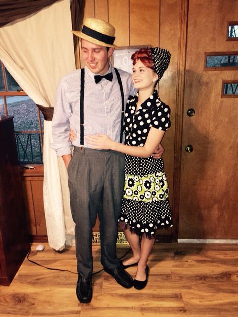 Kevin & I's Lucy & Ricky Ricardo Costume! Worked out great! Lucy And Ricky Costume, I Love Lucy Costume, Haunted Hollywood, Ricky Ricardo, Lucy Ricardo, Lucy Costume, Punny Halloween Costumes, Retro Bridal Showers, Lucy And Ricky