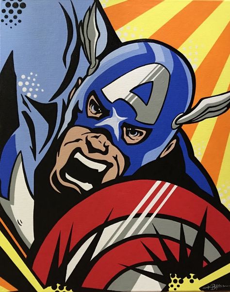 Acrylic painting of Captain America on canvas. Superhero Acrylic Painting, Paintings Easy, Artwork Ideas, Captain America, Painting Ideas, Cartoon Art, Spiderman, Acrylic Painting, Art Deco