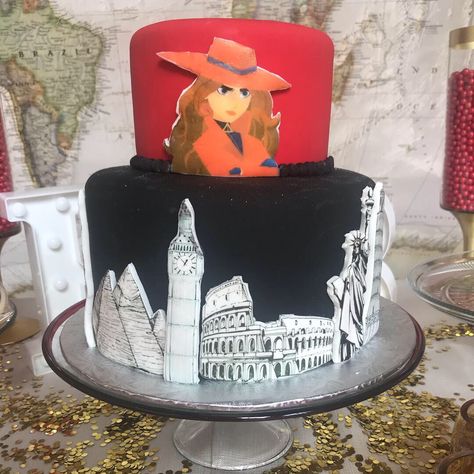 Cake created for a Carmen Sandiego’s theme party Carmen Sandiego Party Ideas, Carmen San Diego Birthday Party, Carmen Sandiego Birthday Party Ideas, Carmen Sandiego Cake, Diego Cake, Carmen San Diego, Carmen Sandiago, Pool Party Cakes, Pool Cake