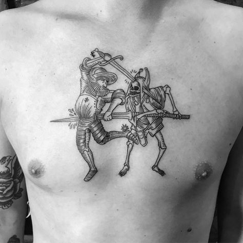 Castle Chest Tattoo, Danse Macabre Tattoo, Medevil Tattoo Designs, Medieval Style Tattoo, Etching Tattoos, Medieval Tattoo Ideas, Tattoo Medieval, Medieval Chest, Traditional Tattoo Black And Grey