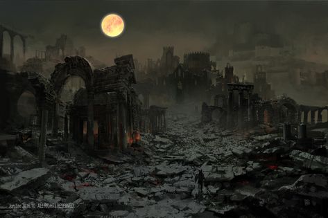 Destroyed Town Fantasy Art, Ruined City Fantasy Art, Destroyed Kingdom, Biblical Apocalypse, Greece Landscape, Ruined City, Dark Castle, Rpg Map, Medieval World