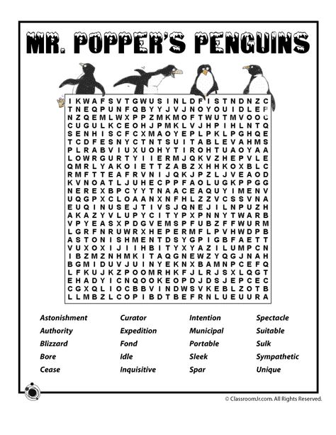 Mr. Popper's Penguins Word Search Activity Mr Poppers Penguins, Teacher Worksheets Lesson Plans, Mr Popper, Penguin Quotes, Penguin Unit, Free Word Search Puzzles, Penguin Activities, Literature Study, Free Word Search