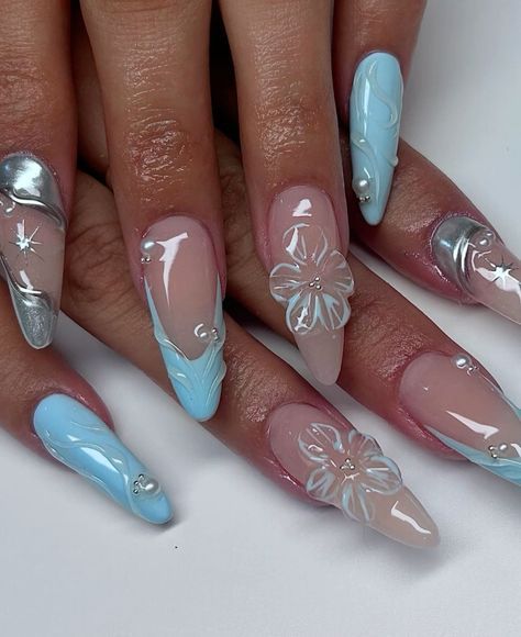 Fashion: #fashion, #style, #outfitinspiration, #beauty Light Blue 3d Flower Nails, Light Blue Gem Nails, Different Blue Shades Nails, Blue Flower Almond Nails, Light Blue Gel X Nails, Cute White And Blue Nails, Blue Frosted Nails, Baby Blue Floral Nails, Summertime Nails Designs