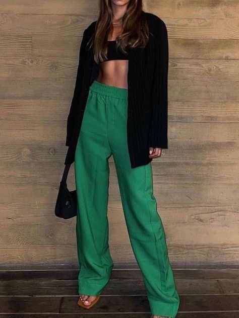 oversized black blazer and green wide leg pants Trendy St Pattys Day Outfit, St Patrick’s Day Going Out Outfit, Trouser Going Out Outfit, Celtics Outfit Women, Green Silk Pants Outfit, Green Going Out Outfit, St Patricks Day Outfits Women Night Out, Green Trouser Outfit Women, At Patrick’s Day Outfits