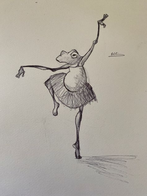 Frog Ballerina Drawing, Dancer Drawing Sketches, Dancing Animals Drawing, Frog With Crown Drawing, Dancing Frog Drawing, Soccer Art Drawing, Frog Sketches, Drawing Frogs, Ballerina Frog