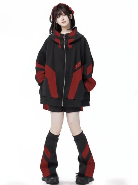 Tech Wear Hoodie, Fashion Outfits Hoodie, Cyberpunk Fashion Women, Black And Red Streetwear, Red Hoodie Outfit, Streetwear Hoodie Design, Hoodie Reference, Cyberpunk Hoodie, Cosplay Hoodie