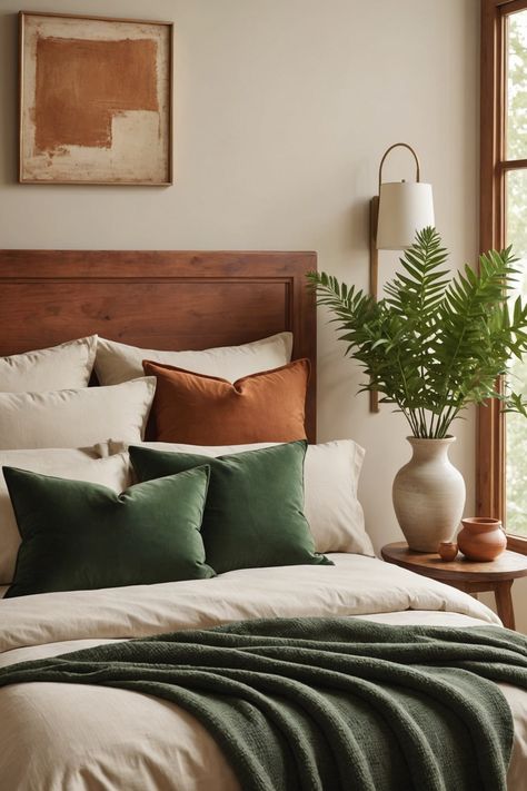 Green And Terra Cotta Bedroom, Terra Cotta Bedroom Ideas, Green Terracotta Bedroom, Terra Cotta Bedroom, Green And Terracotta Bedroom, Terracotta Bedroom Ideas, Mint Green Bedding, Burnt Orange Bedroom, Emerald Green Bedrooms