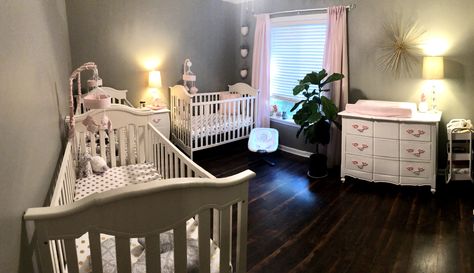 Triplet nursery. Girls nursery pink, grey, and white. Quintuplets Nursery, Triplet Nursery, Girls Nursery Pink, Triplets Nursery, Girl Nursery Pink, Nursery Pink, Boy Girl Nursery, Girls Nursery, Kids Bedrooms