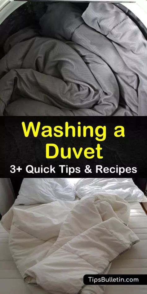 Discover how to clean a duvet insert and cover at home or the laundromat to remove dirt, stains, and mildew. Use gentle soap and avoid bleach to wash your duvet and use the air dry cycle with tennis balls to fluff it back into shape. #washingaduvet #duvet #cleaningaduvet How To Insert Duvet Into Cover, Washing Comforter At Home, Bedding Cleaning, Cleaning Pillows, Diy Duvet, Duvet Cover Diy, Diy Household Cleaners, House Cleaners, Cleaning Diy