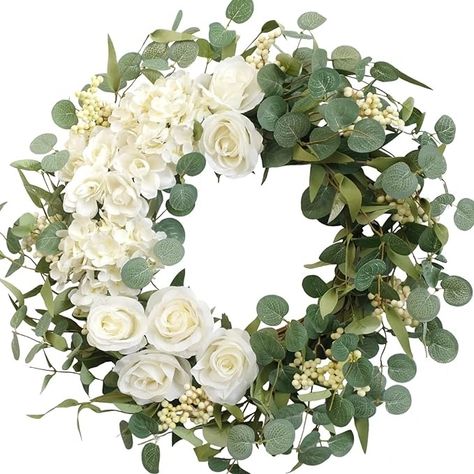 Amazon.com: TEMPUS 20" Hydrangeas Spring Wreath for Front Door, Artificial Summer Green Wreaths with White Peony Flowers for Farmhouse Home Wedding Party Wall Windows Outdoor Decor（White） : Home & Kitchen Outdoor Window Decor, Spring Wreath Ideas, Spring Wreath For Front Door, Home Wedding Party, Party Wall, White Peony, Summer Green, Artificial Wreath, Green Wreath