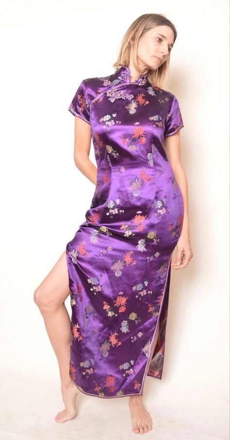 Vintage Cheongsam, Purple Satin Dress, Vietnam Dress, Vintage 90s Dress, Chinese Dresses, Chinese Style Dress, Dress Lingerie, Women Hats Fashion, Satin Dress Long