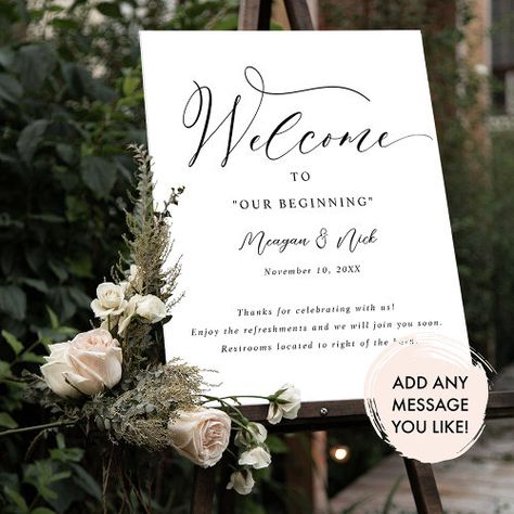 $11 - Elegant Script Wedding Welcome Sign with Message - wedding signage, wedding welcome sign, welcome to our wedding, calligraphy typography, bridal welcome sign, black and white, script, welcome sign with message, modern simple elegant, welcome to our beginning sign Welcome Sign Black And White, Welcome To Our Beginning Sign, Wedding Welcome Signage, Welcome To Our Beginning, Signage Wedding, Brunch Decor, Calligraphy Typography, Wedding Welcome Sign, Brunch Wedding