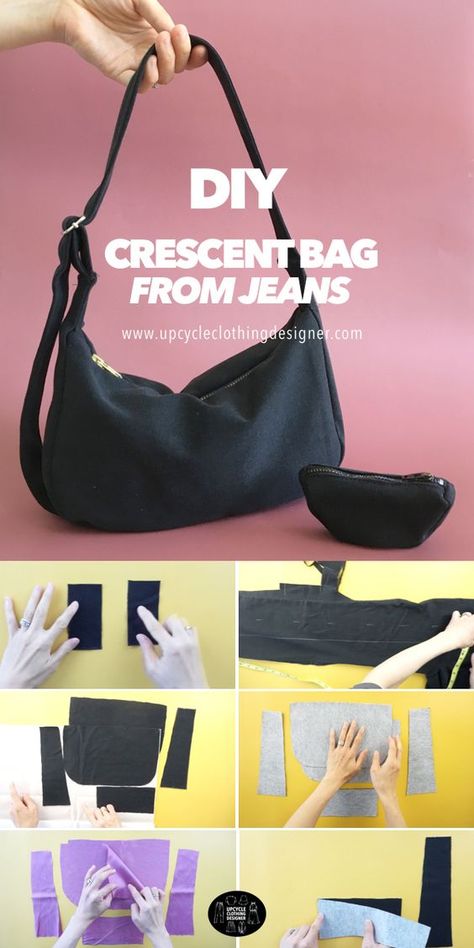 DIY Crescent Purse From Old Jeans (With Matching Coin Pouch!) #bagjeanspattern #diybagjeanspattern #totebagjeanspattern How To Make A Jean Purse, Shoulder Bag Diy Pattern, Shoulder Purse Pattern, Sewing Purse Patterns, Crescent Bag Pattern Free, Crescent Bag Pattern, Sewing Old Clothes Upcycling, Free Bag Sewing Patterns, How To Make A Purse