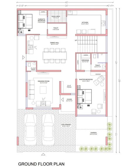 40x60 House Plans, Home Map Design, 30x50 House Plans, 20x40 House Plans, Twin House, Plan Elevation, Plan 2d, 2bhk House Plan, Bungalow Floor Plans