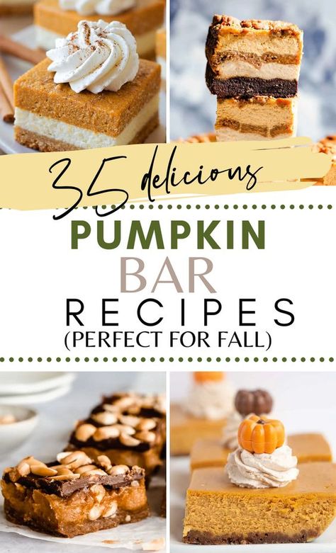 35 of the BEST Pumpkin Bars! Move over pumpkin spice latte and pumpkin pie, this fall season, easy pumpkin bars are striving to be the favorite pumpkin recipe! From cream cheese swirled bars to snickers pumpkin bars and protein bars and everything in between. These bars make great brunch items, snacks or desserts! Pumpkin Cream Cheese Bars Pioneer Woman, Cookeskitchen1 Pumpkin Bars, Pumpkin Bar Desserts, Pumpkin Decadent Bars, 9x13 Pumpkin Bars, Pumpkin Cookie Bars Recipe, Pumpkin Chess Bars, Pumpkin Bar Recipes, Pumpkin Cookie Bars