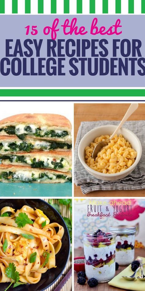 15 Easy Recipes for College Students. Your resources might be limited when you're in college, but your meals don't have to be. These easy recipes - some healthy, some just fun - will make you want to invite the family over. Or maybe you'll just want to serve them to some lucky friends. #college #students #easyrecipes #freshman College Dinners, Healthy College Meals, Easy Recipes For College Students, Best Easy Recipes, Recipes For College Students, College Dinner Recipes, College Cooking, Healthy College, Easy College Meals