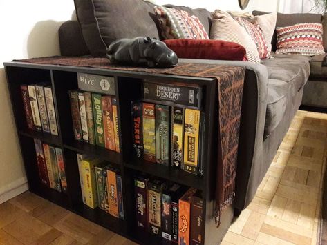 Geek House Ideas, Board Game Corner In Living Room, Boardgame Display Ideas, Living Room Board Game Storage, Board Game Organizer, Small Space Game Room, Aesthetic Board Game Storage, Board Game Storage Ideas Living Room, Board Games Room Ideas