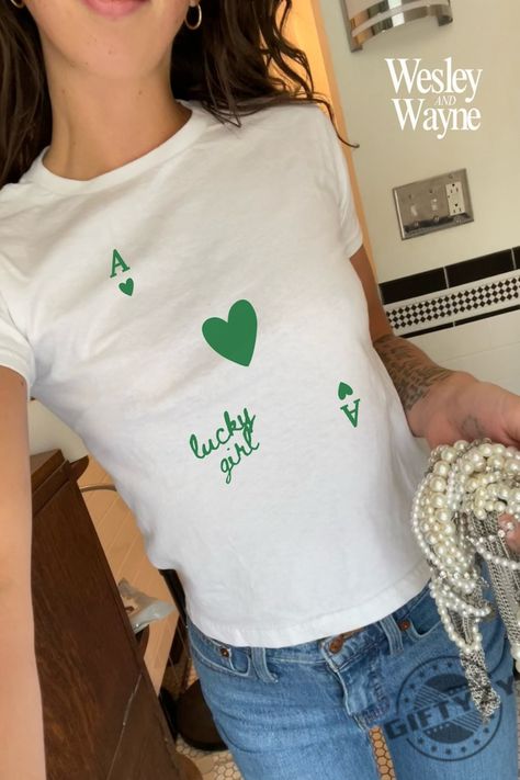 "Get Lucky with our Festive St Patrick's Day Shirt!" Minimal Shirt Design, Lucky Girl Syndrome, Coquette Shirt, Baby Graphic Tees, Lucky Shirt, 90s Baby, Y2k Baby Tee, Downtown Girl, St Patrick Day Shirts