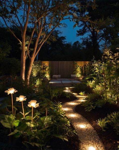 Enchant your night with this dreamy garden illumination! Stroll the lush, softly-lit path and bask in the serene ambiance. 

What's your favorite way to light up your outdoor space? Let us know in the comments below!
Visit Garden Bliss for more inspiration on creating a magical garden oasis 
#homeandgarden #betterhomesandgardens #homegardening #homesandgardens #homegarden #gardenhome #gardeningathome Backyard Landscaping Lights, Light Up Backyard Ideas, Night Time Garden, Garden Illumination, Garden Tattoos, Dreamy Garden, Enchanting Garden, Deck Steps, Garden Drawing