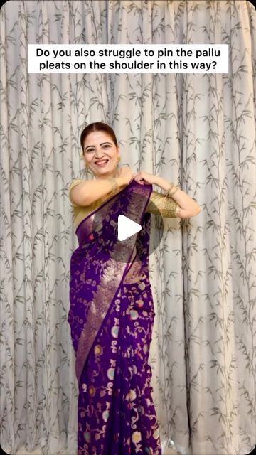 2,637 likes, 32 comments - gehani.heena on April 16, 2024: "Do you also struggle to pin the pallu pleats on the shoulder in this way? Then this video will solve your problem. If you’re unsure on how go drape it watch this video for a step-by-step guide on the correct technique. Save this video for later✨ Draped this beautiful saree that i received from @azra_silk_fabrics It’s the perfect choice for upcoming weddings and festivals✨🌟 Elegant and festive, it’s sure to make you stand out Saree Pleats Techniques, How To Drape A Saree, Saree Draping Styles Tutorials, Perfect Saree Draping, How Go, Pleats Techniques, Saree Drape, Drape Sarees, Sewing Sleeves