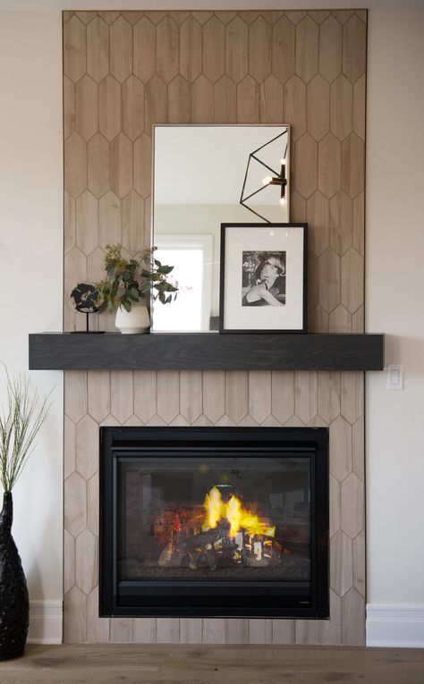 Fireplaces Liner Fireplace Ideas, Two Different Tiles On Fireplace, Beige Fireplace Tile, Narrow Fireplace Ideas, Chimney Tile Ideas, Flat Fireplace Wall Ideas With Tv, Picket Tile Fireplace, Fireplace For Small Living Room, Flush Fireplace Wall Ideas