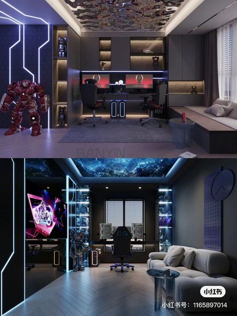 Gamer Boy Room Ideas, Gamer Boy Room, Punk Interior, Room Karaoke, Games Room Ideas, Gaming House, Workstation Setup, Small Game Rooms, Gaming Bedroom