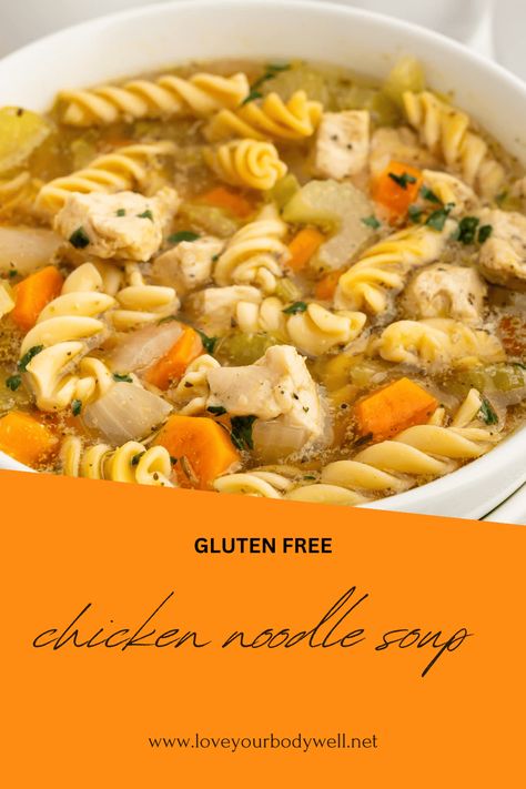 This ultra-satisfying gluten-free chicken noodle soup is everything you imagine when you think of this classic and comforting dish. Loaded with carrots, celery, gluten-free rotini pasta, and tender chicken breast, this healthy and hearty soup will warm you on the coldest of days. Gluten Free Chicken Noodle Soup, Low Fat Chicken, Carrots Celery, Hearty Soup, Rotini Pasta, Tender Chicken Breast, Crock Pot Soup, Tender Chicken, Chicken Noodle Soup