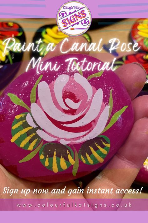 Traditional hand-painted white canal rose with leaves on a purple painted pebble Watermelon Diy Crafts, Canal Boat Art, Watermelon Diy, Canal Art, Rose Step By Step, Folk Art Flowers, Heritage Crafts, Sign Writing, Painting Demo