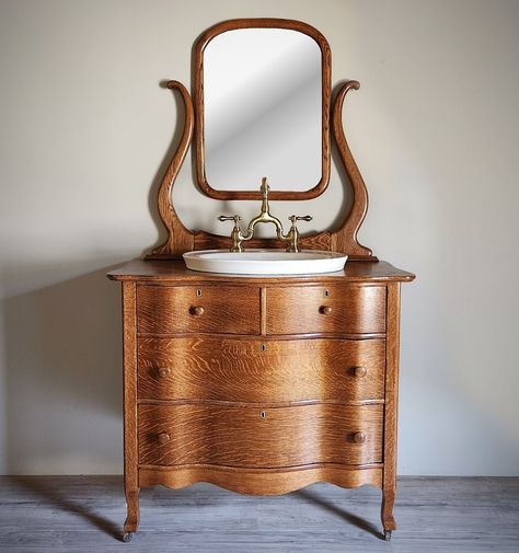 Custom Bathroom Vanity Gallery | Vermont | Vermont Vanities Vintage Sinks Bathroom, Victorian Bathroom Ideas, Dresser Restoration, Dresser Sink, Vintage Bathroom Vanities, Antique Dresser With Mirror, Custom Bathroom Vanities, Dresser Vanity Bathroom, Vintage Sink