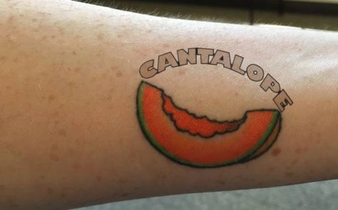 Imagine getting a slice of a cantaloupe tattooed on you -- like any normal, Cantaloupe Tattoo, Sticker Sleeve, Gang Member, American Traditional, Tattoos And Piercings, Tatting, Tattoo Ideas, Piercings, Tattoos