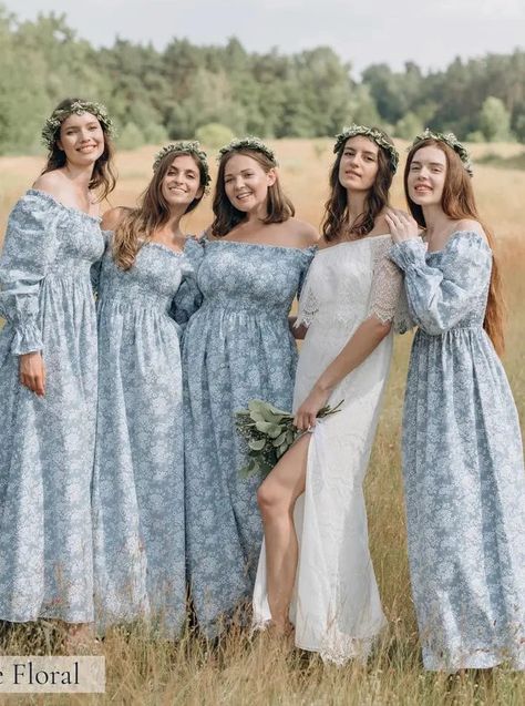 Full body view of the cotton vintage zoe in blue foral Cottagecore Bridesmaid Dress, Summer Dress Cottagecore, Dusty Blue Bridesmaid, Dusty Blue Dress, Designer Summer Dresses, Bridal Party Outfit, Bridesmaid Dresses With Sleeves, Dusty Blue Bridesmaid Dresses, Blue Bridesmaid Dress