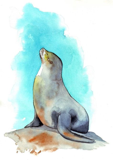 Sea Lion Art, Seal Clipart, Seal Painting, Paper Paintings, Aquatic Creatures, Lion Painting, Castle Art, Watercolor Projects, Diy Watercolor Painting