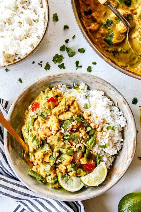 top view of thai coconut curry chicken in a bowl with rice