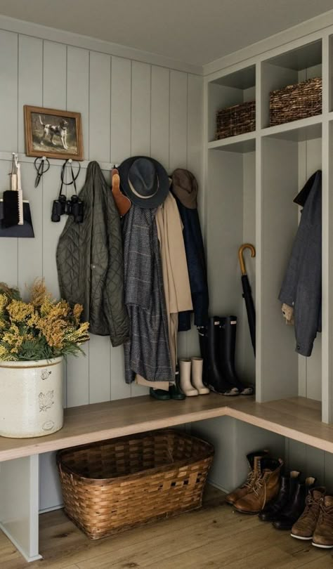 Entrance Way Storage Ideas, Farmhouse Boot Room, British Mudroom, Styling Mudroom, English Cottage Mudroom, Mudroom Ideas Entryway Farmhouse, Boot Room Ideas Entrance, Victorian Mudroom, English Mudroom