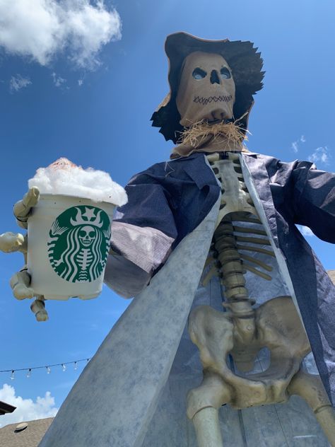 Giant 12 ft Scarecrow/Skeleton holding a Pumpkin Spice Latte 12 Ft Skeleton Ideas Fall, Giant Skeleton Decoration Ideas, 12 Ft Skeleton Costume, Farmer Skeleton, Giant Skeleton Halloween Decor, 12 Ft Skeleton Ideas Thanksgiving, 12 Foot Skeleton Costumes, Giant Skeleton Ideas, 12 Ft Skeleton Ideas Halloween