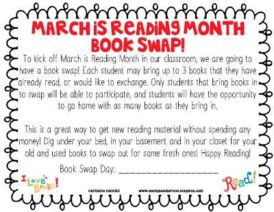 Classroom Freebies Too: March is Reading Month Book Swap Reading Month Ideas, I Love To Read Month, March Reading Month, March Is Reading Month, Drop Everything And Read, Family Literacy Night, March Reading, Reading Week, Read A Thon