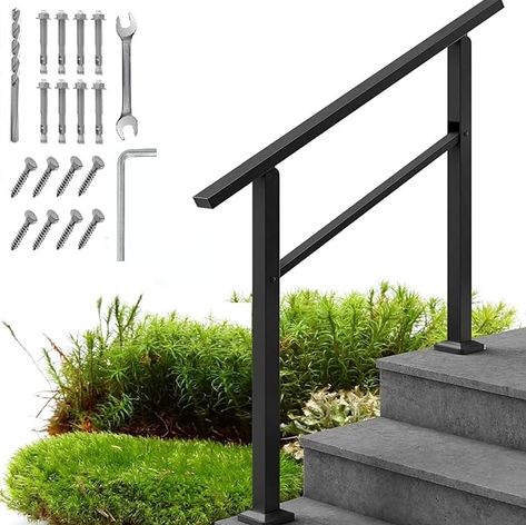 Amazon.com: Hand Rails for Outdoor Steps,3 Step Stair Handrail & Indoor Stair Railing Kit，Black Railings for Outdoor Steps and Hand Rails for Seniors for Porch Railing & Deck Hand Rail(1-3 Step) : Tools & Home Improvement Railings For Steps, Indoor Stair Railing, Stair Railing Kits, Black Railing, Metal Stair Railing, Outdoor Handrail, Wrought Iron Handrail, Metal Handrails, Iron Handrails