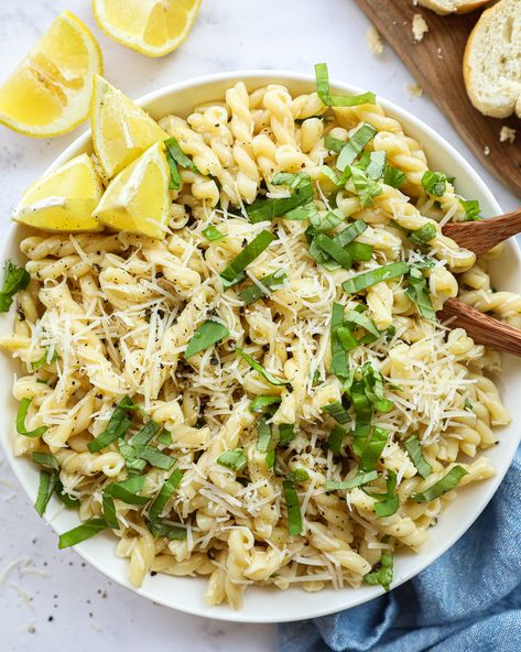 A delicious pasta salad made with gemelli pasta, shredded parmesan and fresh basil all tossed in an easy homemade lemon-basil vinaigrette! It's the perfect summery side dish! Pasta Salad Recipes Parmesan, Light Pasta Side Dishes, Pasta Salad Recipes Small Batch, Lemony Pasta Salad, Parmesan Pasta Salad Cold, Lemon Vinaigrette Pasta Salad, Pasta Salad With Basil, Small Batch Pasta Salad, Lemon Pasta Salad