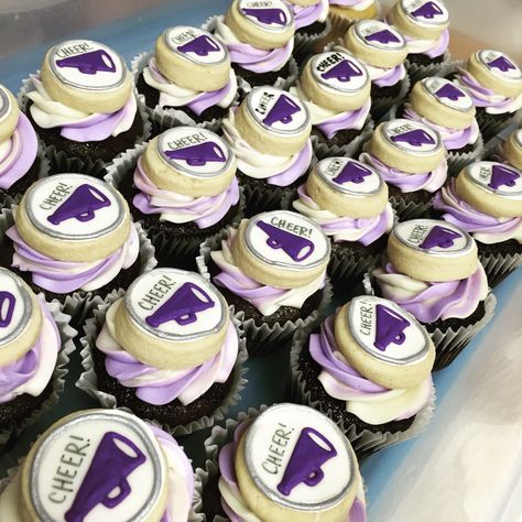 Purple swirl cheer cupcakes and cookie toppers by Hayleycakes and cookies Cheer Cupcakes, Purple Swirl, Congrats Grad, Cute Cupcakes, 8th Birthday, Cheerleading, Swirl, Party Ideas, Baking