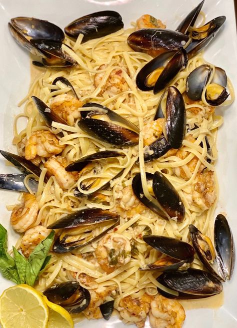 Shrimp and Mussels Pasta Recipe Seafood Pasta With Mussels, Pasta With Mussels And Shrimp, Prawn And Mussel Pasta, Mussels And Shrimp Pasta, Linguine With Mussels, Mussels With Pasta Recipe, Mussel And Shrimp Recipes, Muscles Pasta Recipe, Muscles And Pasta Recipe